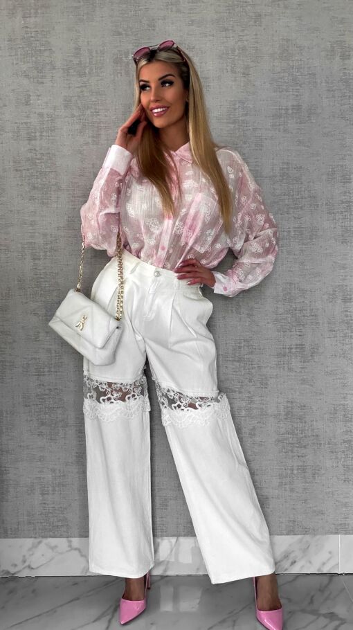 Jedwabna różowa koszula w białe róże ONE SIZE - R496