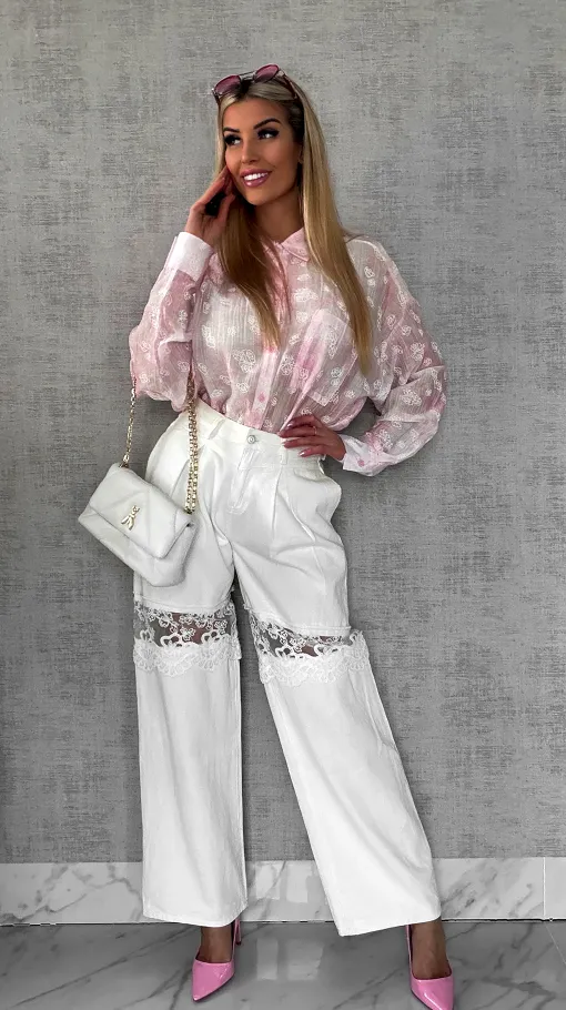 Jedwabna różowa koszula w białe róże ONE SIZE - R496