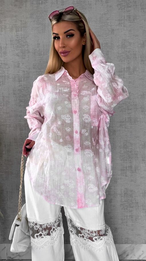 Jedwabna różowa koszula w białe róże ONE SIZE - R496