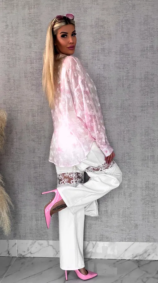 Jedwabna różowa koszula w białe róże ONE SIZE - R496