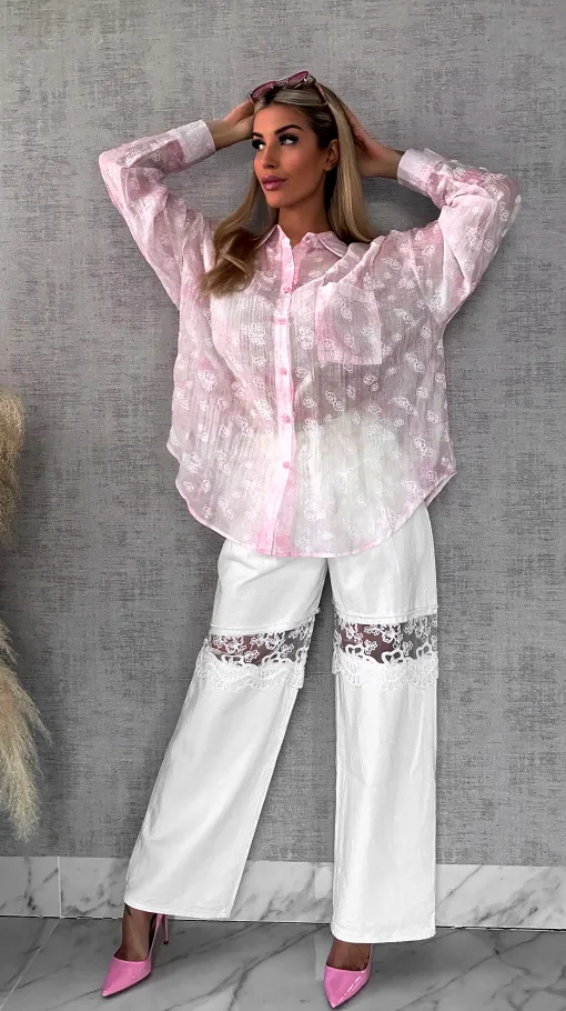 Jedwabna różowa koszula w białe róże ONE SIZE - R496