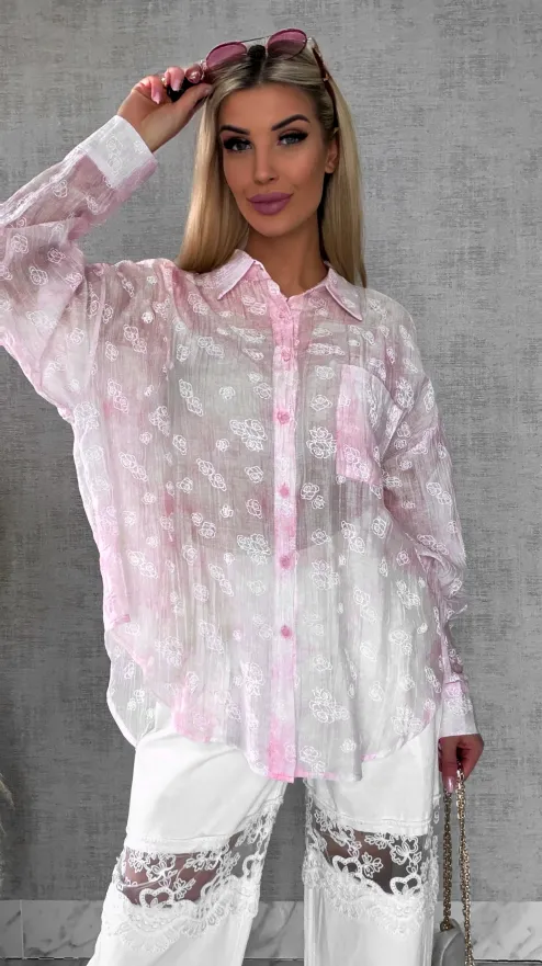 Jedwabna różowa koszula w białe róże ONE SIZE - R496