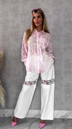 Jedwabna różowa koszula w białe róże ONE SIZE - R496