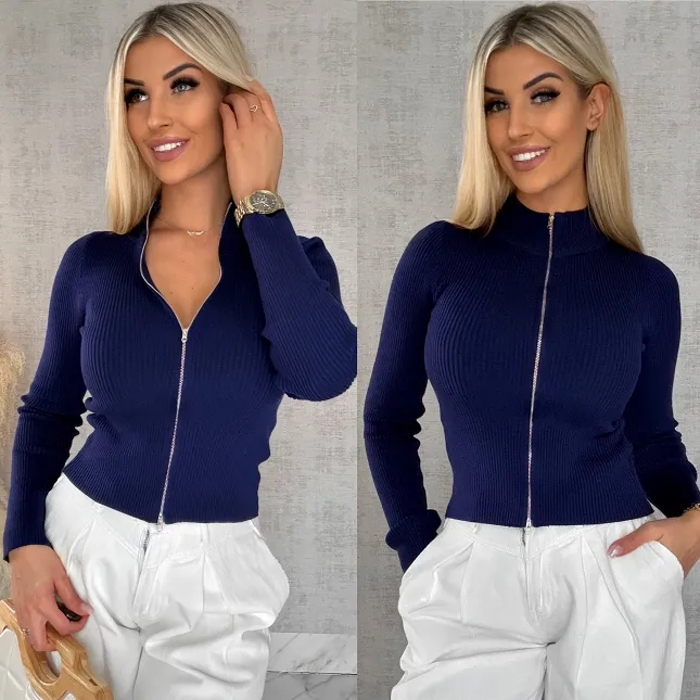 Granatowa dzianinowa bluza na zamek z golfem ONE SIZE wiskoza - R504
