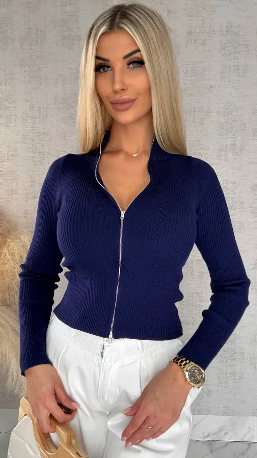 Granatowa dzianinowa bluza na zamek z golfem ONE SIZE wiskoza - R504
