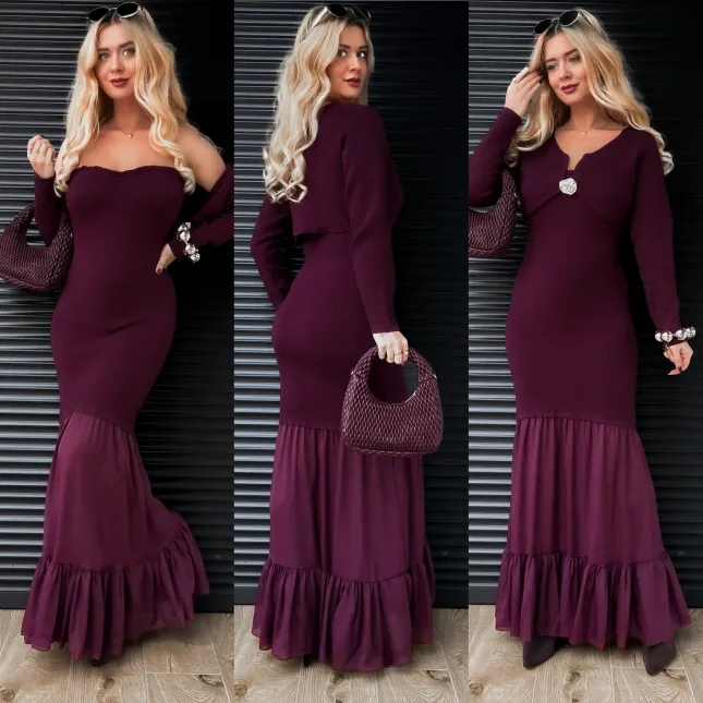 Elegancki komplet MAXI sukienka + sweter ONE SIZE purpura - R356