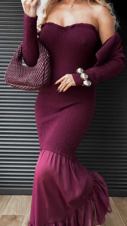 Elegancki komplet MAXI sukienka + sweter ONE SIZE purpura - R356