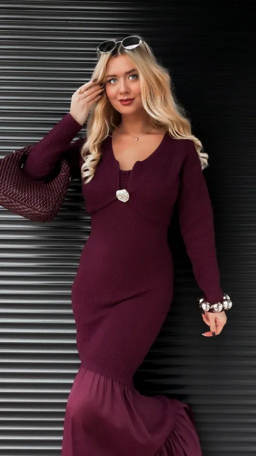 Elegancki komplet MAXI sukienka + sweter ONE SIZE purpura - R356