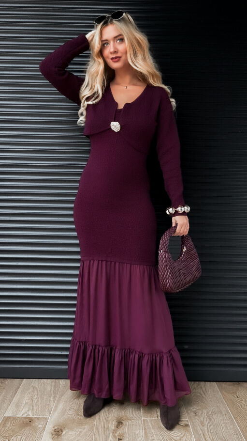 Elegancki komplet MAXI sukienka + sweter ONE SIZE purpura - R356