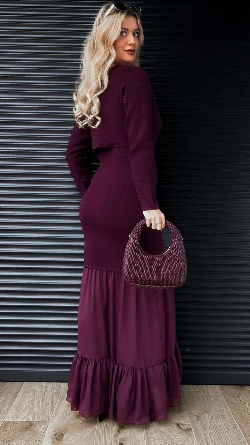 Elegancki komplet MAXI sukienka + sweter ONE SIZE purpura - R356