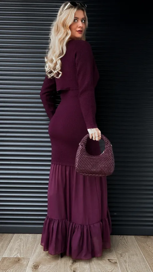 Elegancki komplet MAXI sukienka + sweter ONE SIZE purpura - R356