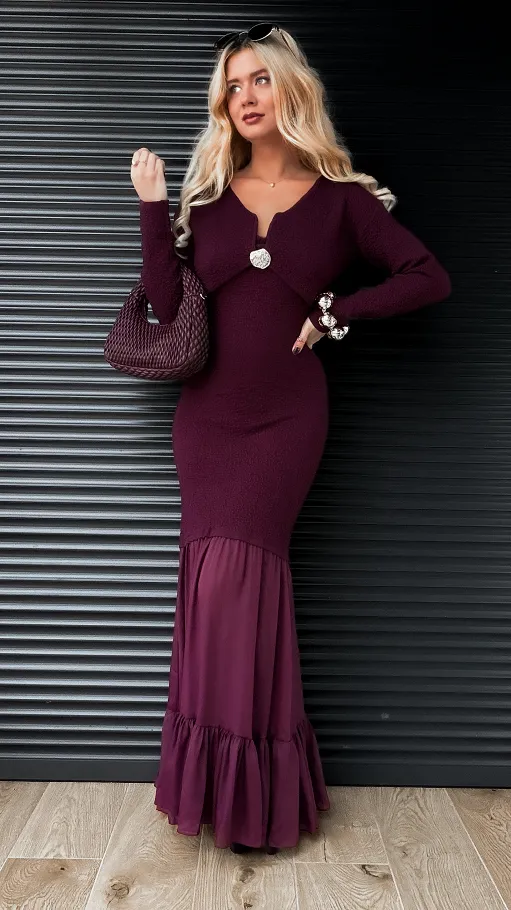 Elegancki komplet MAXI sukienka + sweter ONE SIZE purpura - R356