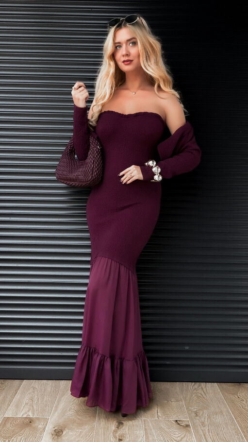 Elegancki komplet MAXI sukienka + sweter ONE SIZE purpura - R356