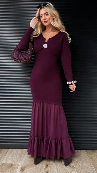 Elegancki komplet MAXI sukienka + sweter ONE SIZE purpura - R356