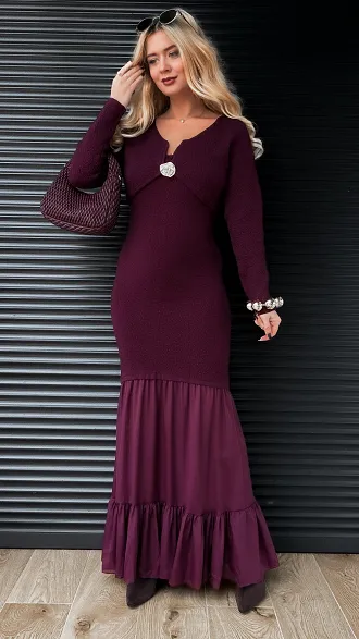 Elegancki komplet MAXI sukienka + sweter ONE SIZE purpura - R356