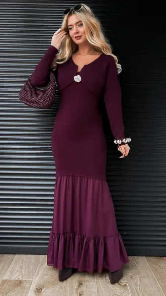Elegancki komplet MAXI sukienka + sweter ONE SIZE purpura - R356