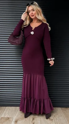 Elegancki komplet MAXI sukienka + sweter ONE SIZE purpura - R356