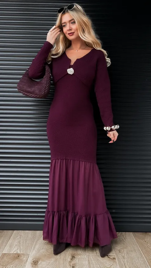 Elegancki komplet MAXI sukienka + sweter ONE SIZE purpura - R356