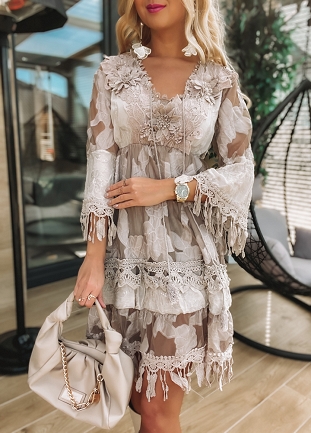 Idealna sukienka na lato w stylu BOHO beżowa- M011