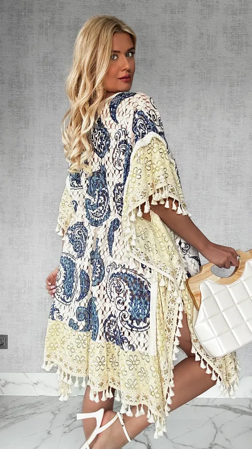 Plażowa BOHO sukienka w niebieskie wzory i złote dodatki ONE SIZE - P702A