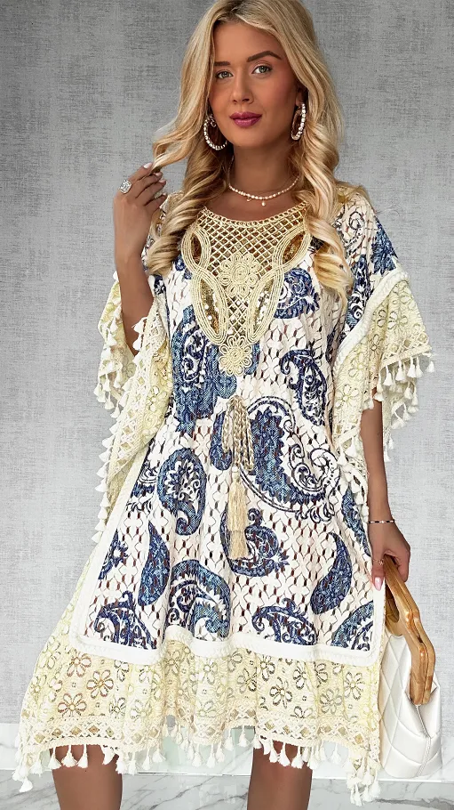 Plażowa BOHO sukienka w niebieskie wzory i złote dodatki ONE SIZE - P702A