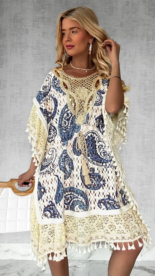 Plażowa BOHO sukienka w niebieskie wzory i złote dodatki ONE SIZE - P702A