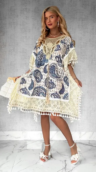 Plażowa BOHO sukienka w niebieskie wzory i złote dodatki ONE SIZE - P702A