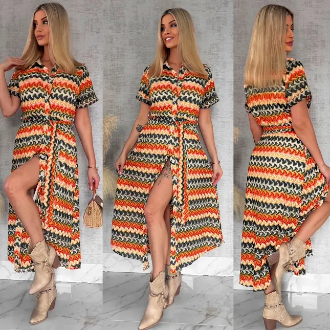 Oryginalna MAXI sukienka w modne zielone pasy - R883A