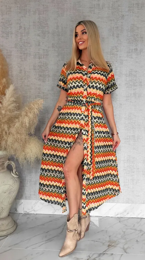 Oryginalna MAXI sukienka w modne zielone pasy - R883A