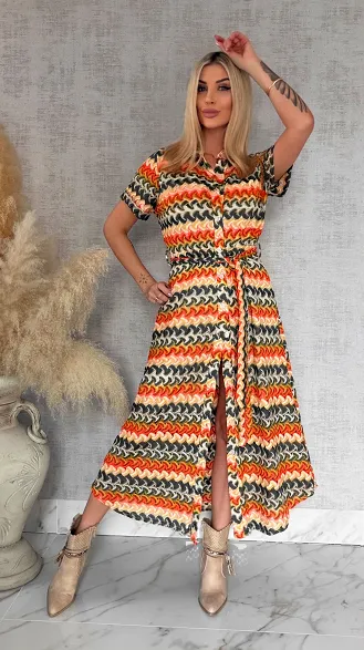 Oryginalna MAXI sukienka w modne zielone pasy - R883A