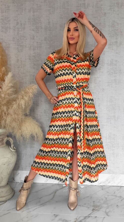 Oryginalna MAXI sukienka w modne zielone pasy - R883A