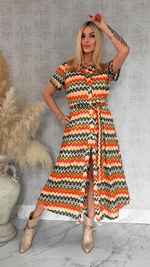 Oryginalna MAXI sukienka w modne zielone pasy - R883A