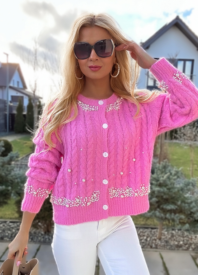 Ekskluzywny sweter z wełną zdobiony perłami PINK - M772