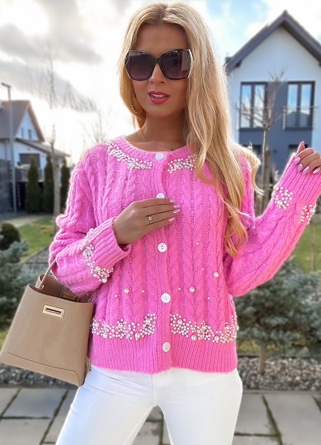 Ekskluzywny sweter z wełną zdobiony perłami PINK - M772