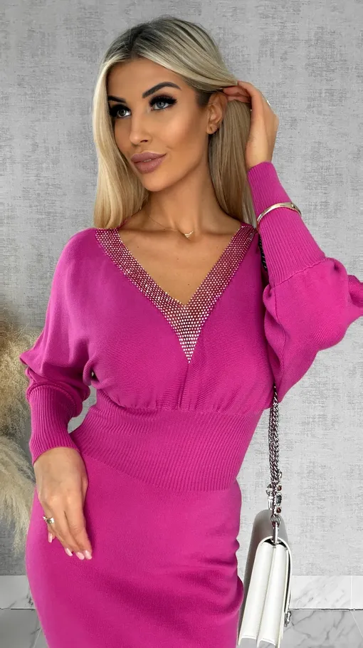 Dzianinowa sukienka z ozdobną siateczką FUKSJA wiskoza ONE SIZE - R539