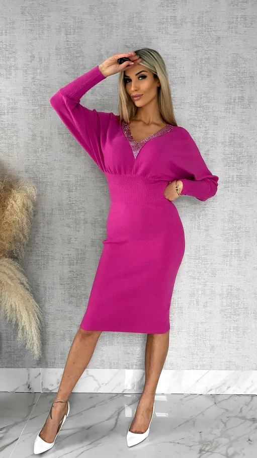 Dzianinowa sukienka z ozdobną siateczką FUKSJA wiskoza ONE SIZE - R539