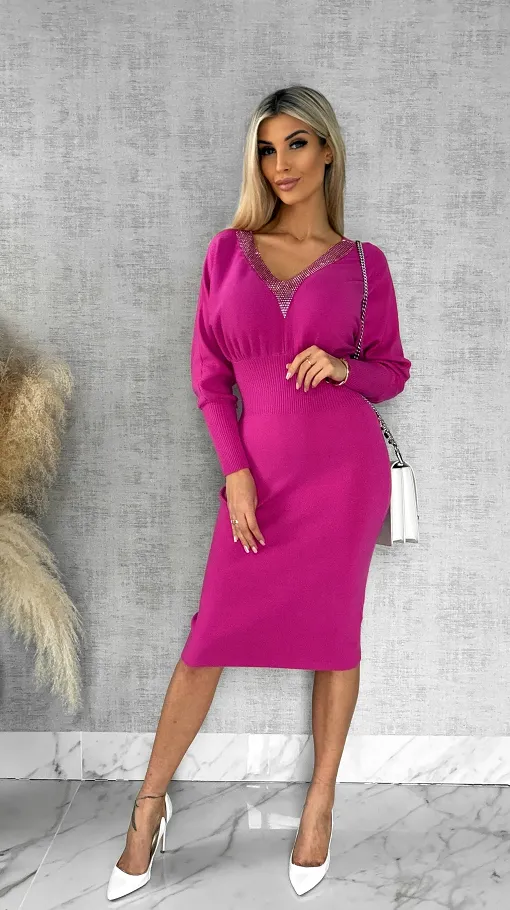 Dzianinowa sukienka z ozdobną siateczką FUKSJA wiskoza ONE SIZE - R539