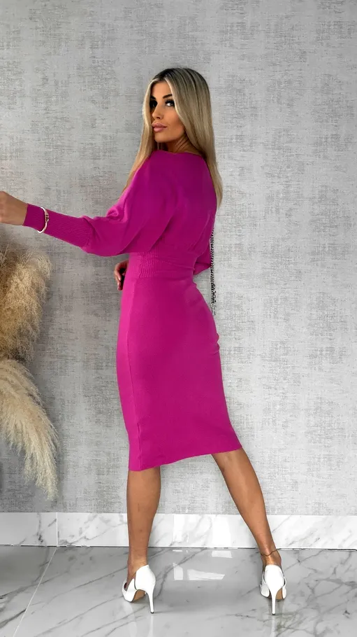 Dzianinowa sukienka z ozdobną siateczką FUKSJA wiskoza ONE SIZE - R539