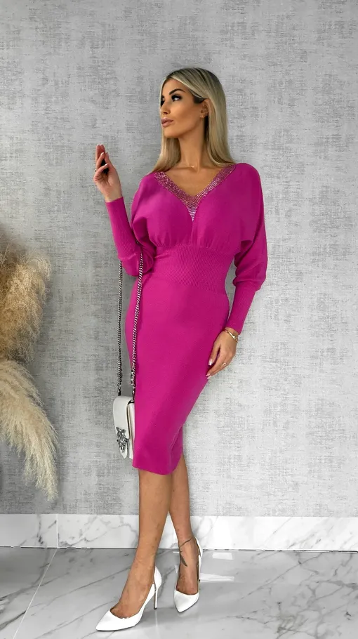 Dzianinowa sukienka z ozdobną siateczką FUKSJA wiskoza ONE SIZE - R539