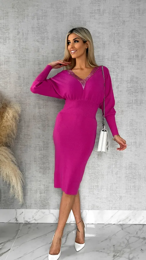 Dzianinowa sukienka z ozdobną siateczką FUKSJA wiskoza ONE SIZE - R539