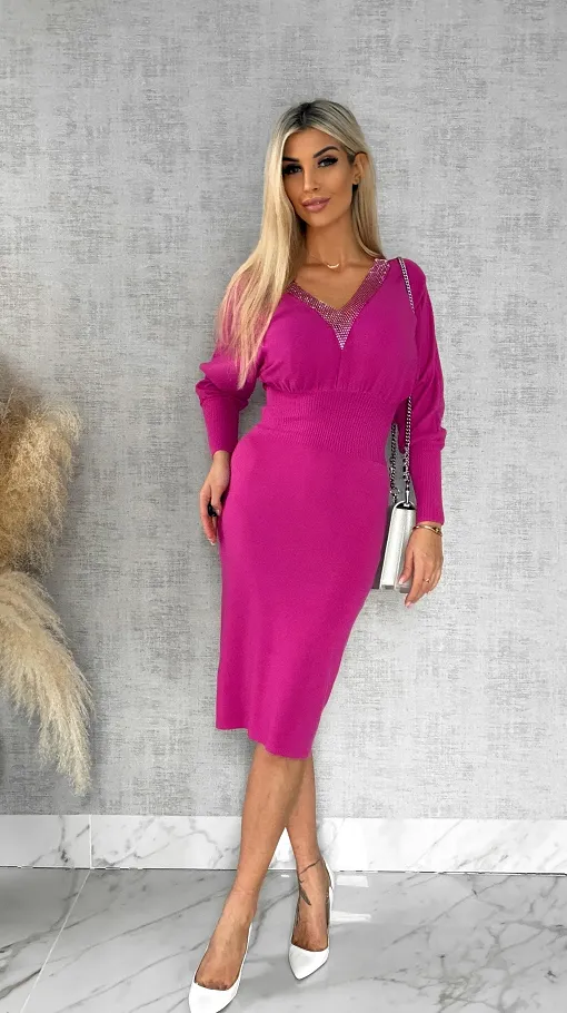 Dzianinowa sukienka z ozdobną siateczką FUKSJA wiskoza ONE SIZE - R539