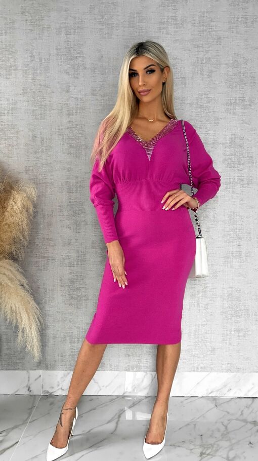 Dzianinowa sukienka z ozdobną siateczką FUKSJA wiskoza ONE SIZE - R539