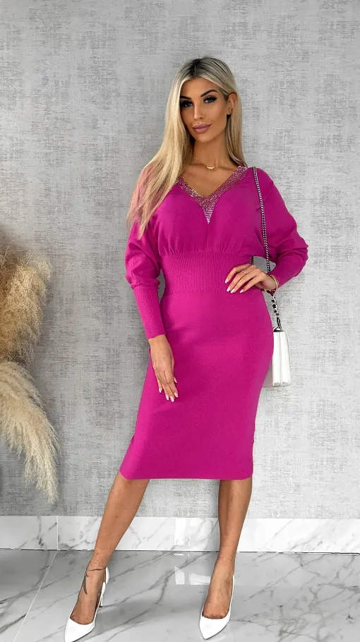 Dzianinowa sukienka z ozdobną siateczką FUKSJA wiskoza ONE SIZE - R539