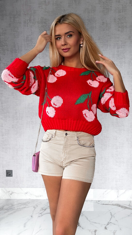 Krótki czerwony sweter w luźnym rozmiarze OVERSIZE w wiśnie - P154