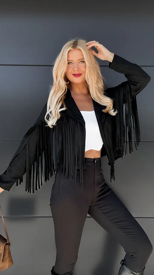 Zamszowa kurtka przejściowa z frędzlami ONE SIZE czarna - P983B