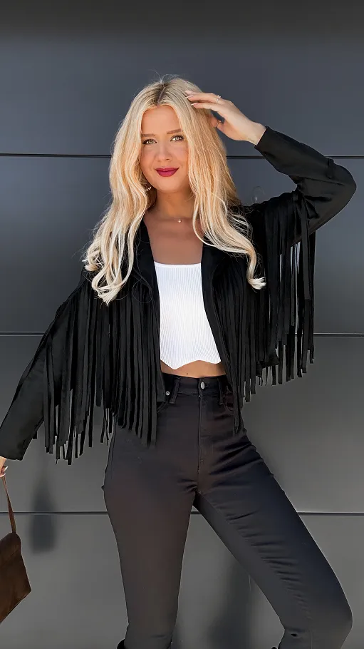 Zamszowa kurtka przejściowa z frędzlami ONE SIZE czarna - P983B