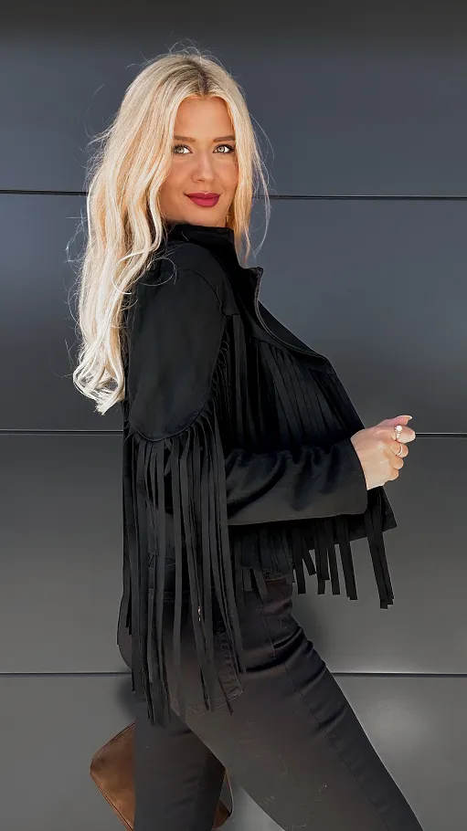 Zamszowa kurtka przejściowa z frędzlami ONE SIZE czarna - P983B