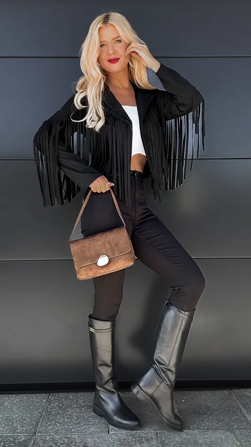 Zamszowa kurtka przejściowa z frędzlami ONE SIZE czarna - P983B