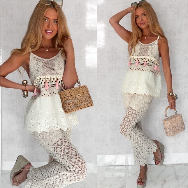 Idealny letni komplet BOHO bluzka TOP + spodnie szydełkowe 100% bawełna - S227