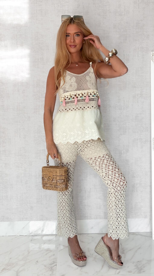 Idealny letni komplet BOHO bluzka TOP + spodnie szydełkowe 100% bawełna - S227